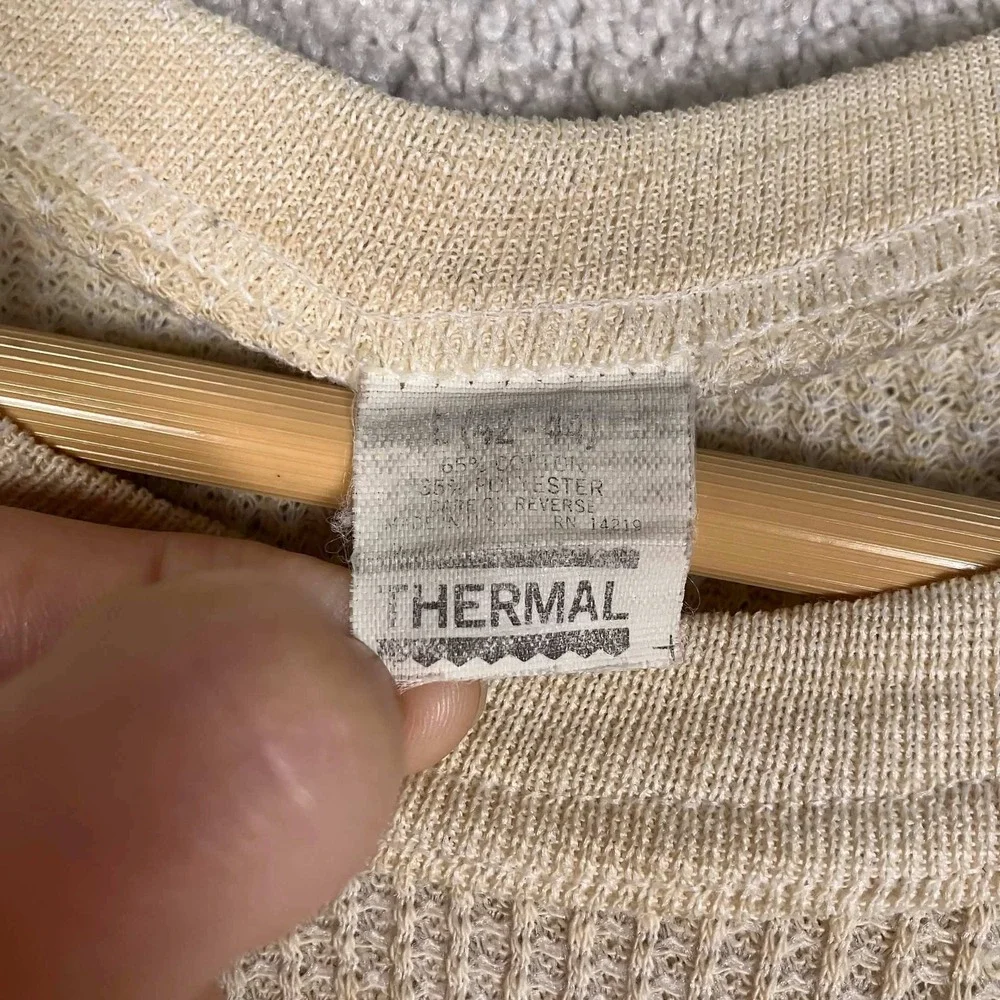 Vintage 70s Thermal Shirt Mens L Cream Fair Waffle Knit Long Sleeve Made in USA